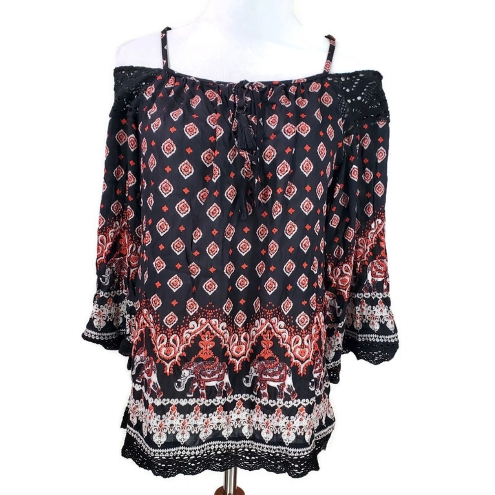 NWT [Angie] Boho Elephant Lace Tassel Cold Shoulder Top Black  S Festival Hippie
